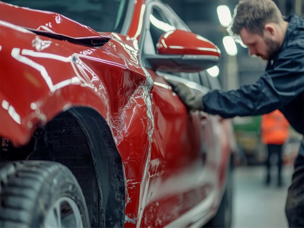 auto body shop employee working on car needing collision repair